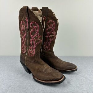 Ariat Brown Leather Cowboy Western Boots Pink & Gold Embroidery, 8